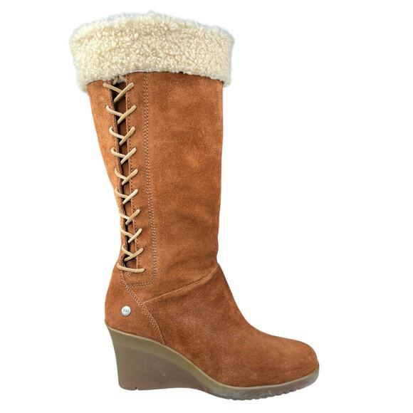 UGG Women’s Felicity Brown Suede Cuffed Wedge Boot Size US 9 - Picture 1 of 12